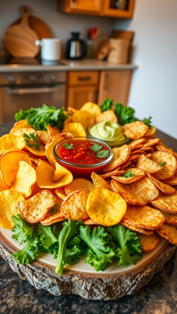 A variety of homemade chips including potato, kale, and tortilla chips served with salsa and guacamole.